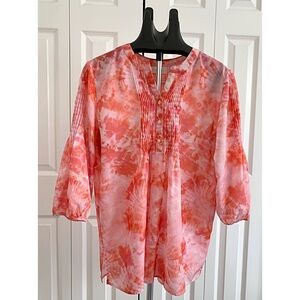CHICO’S Sz 12= Med / 12 Pink Orange Pin-Tuck Tie-Dye Top